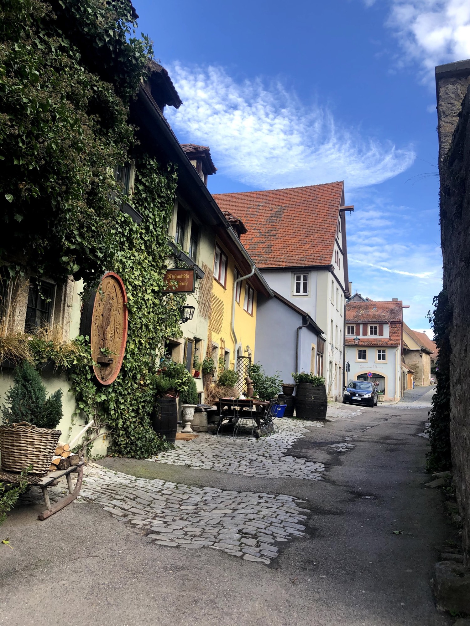 A narrow cobblestone street lined with ivy-covered timbered houses in a German village.